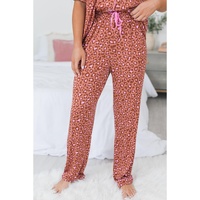 Brown Leopard Print Short Sleeve Shirt and Pants Pajamas Set - M thumbnail