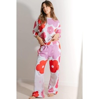 White Floral Print Pullover Top Sweatpants Lounge Set - S thumbnail