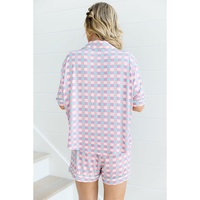 Purple Checkered Pattern Short Sleeve Pajamas Set - M thumbnail