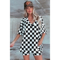 Black Checkerboard Print V Neck Loose Tee and Shorts Lounge Set - L thumbnail