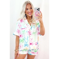 White Bowknot Print Buttoned Shirt High Waist Shorts Pajama Set - L thumbnail