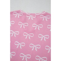 Pink Waffle Knit Bowknot Printed V Neck T Shirt and Shorts Set - M thumbnail