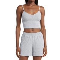 Light Grey 3 Pieces Rib Crop Camisole Matching Shorts Lounge Set with Cardigan - M thumbnail