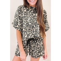 Black Cheetah Printed Casual Tee and Shorts Lounge Set - M thumbnail