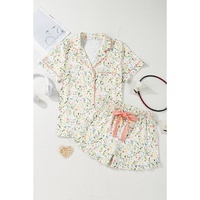 White Floral Print Contrast Pipping Short Pajamas Set - S thumbnail