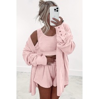 Light Pink 3 Pcs Crop Tank Top Shorts with Cardigan Lounge Set - M thumbnail