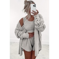 Gray 3 Pcs Crop Tank Top Shorts with Cardigan Lounge Set - S thumbnail