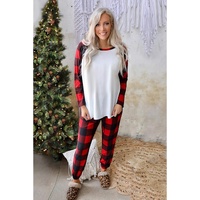 Red Plaid Raglan Sleeves Top and Drawstring Pants Lounge Set - M thumbnail