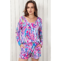 Purple Floral Long Sleeve Top and Drawstring Shorts Set - S thumbnail
