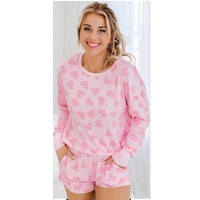 Pink Valentine Heart Shape Print Long Sleeve Top Shorts Lounge Set - S thumbnail