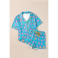 Green Flower Print Short Sleeve Shirt Pajamas Set - L thumbnail