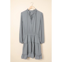 Gray V Neck Long Sleeve Ruffle Tiered Mini Dress - L thumbnail