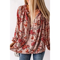 Pink Split V Neck Printed Blouse - L thumbnail