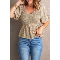 Azura Exchange Puff Sleeve Smocked Top with Floral Print - 2XL thumbnail