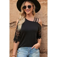 Azura Exchange Lace Splicing Strappy Cold Shoulder Top - L thumbnail