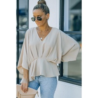 Azura Exchange Pleated Batwing Sleeve V Neck Blouse in 100% Polyester - M thumbnail