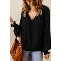 Azura Exchange Pleated V Neck Puffy Sleeve Blouse - L thumbnail