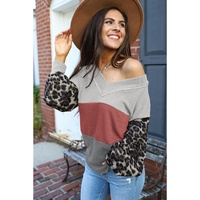 Azura Exchange Leopard Contrast Sleeve Colorblock Waffle Knit Top - S thumbnail