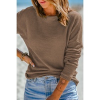 Dark Brown Waffle Knit Drop Shoulder Long Sleeve Top - M thumbnail