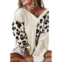 Beige Asymmetric Leopard Patchwork Wide Sleeve V Neck Sweater - M thumbnail