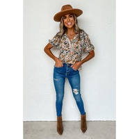 Azura Exchange Multicolor Split V Neck Flower Print Blouse - S thumbnail