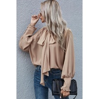 Azura Exchange Khaki Frilled Knotted Blouse with Bishop Sleeves - M thumbnail