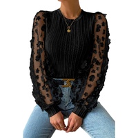Azura Exchange Textured Knit Blouse with Floral Applique Mesh Sleeves - L thumbnail