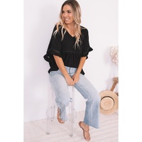 Azura Exchange Black Ruffled Lace Detail Loose V Neck Top - M thumbnail