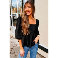 Azura Exchange Textured Square Neck Puff Sleeve Peplum Blouse - M thumbnail