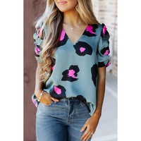 Azura Exchange Leopard Print Ruched Short Sleeve Blouse - M thumbnail