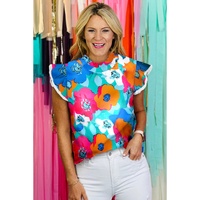 Azura Exchange Abstract Print High Neck Flutter Sleeves Top - L thumbnail