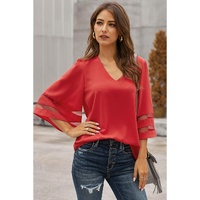 Red Flare Sleeve V Neck Loose Blouse - M thumbnail