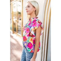 Azura Exchange Abstract Floral Print Frilled Neck Pleated Blouse - M thumbnail