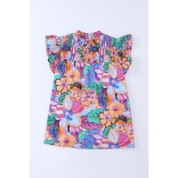 Azura Exchange Flutter Sleeves Smocked Neck Blouse with Floral Print - L thumbnail