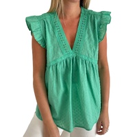 Azura Exchange Eyelet V Neckline Ruffle Swiss Dot Top - S thumbnail