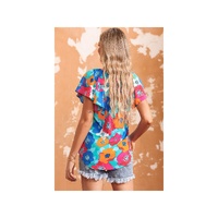 Azura Exchange Floral Print Drawstring V Neck Short Sleeve Blouse - M thumbnail