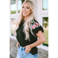 Azura Exchange Embroidered Bubble Sleeve Frill V Neck Top - S thumbnail