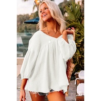 Azura Exchange Textured V Neck Bracelet Sleeve Babydoll Blouse - M thumbnail
