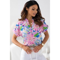 Azura Exchange Abstract Floral Print Notch V Neck Blouse - S thumbnail