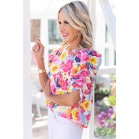 Azura Exchange Floral Ruched Puff Sleeve Blouse - S thumbnail