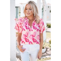 Azura Exchange Ruffled Floral Top with Split Neck and Puff Sleeves - M thumbnail