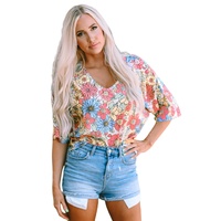 Azura Exchange Floral Print V Neck Half Sleeve Blouse - M thumbnail
