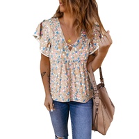 Azura Exchange Crisscross V Neck Ruffle Sleeve Printed Flowy Blouse - M thumbnail