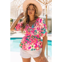 Azura Exchange Flower Print Puff Sleeve Peplum Top - S thumbnail