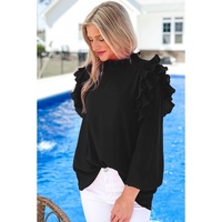 Black Button Keyhole Back Pleated Ruffle Trim Blouse - L thumbnail