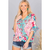 Azura Exchange Leopard Floral Mixed Print Ruffle Sleeve Blouse - L thumbnail