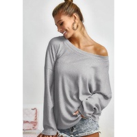 Azura Exchange Gray V Cut Drawstring Back Waffle Knit Top - L thumbnail