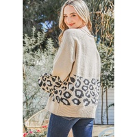 Khaki Leopard Patchwork Knitted Puff Sleeve Sweater - M thumbnail