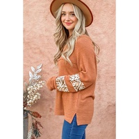 Apricot Leopard Splicing Exposed Seam Waffle Knit Top - M thumbnail