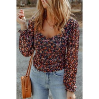 Azura Exchange V Neck Bubble Sleeve Floral Blouse - S thumbnail